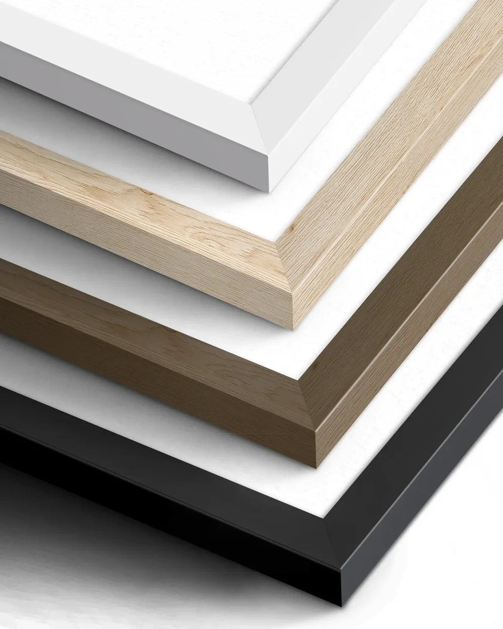 The four frame finishes, stacked: White, Light wood, Dark wood, Black