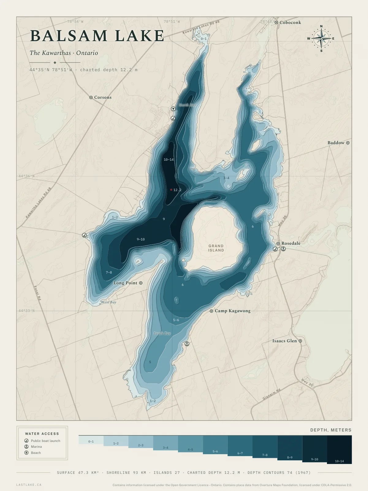 The Balsam Lake sheet: the whole lake drawn in depth bands, with islands, named places and water access marks.