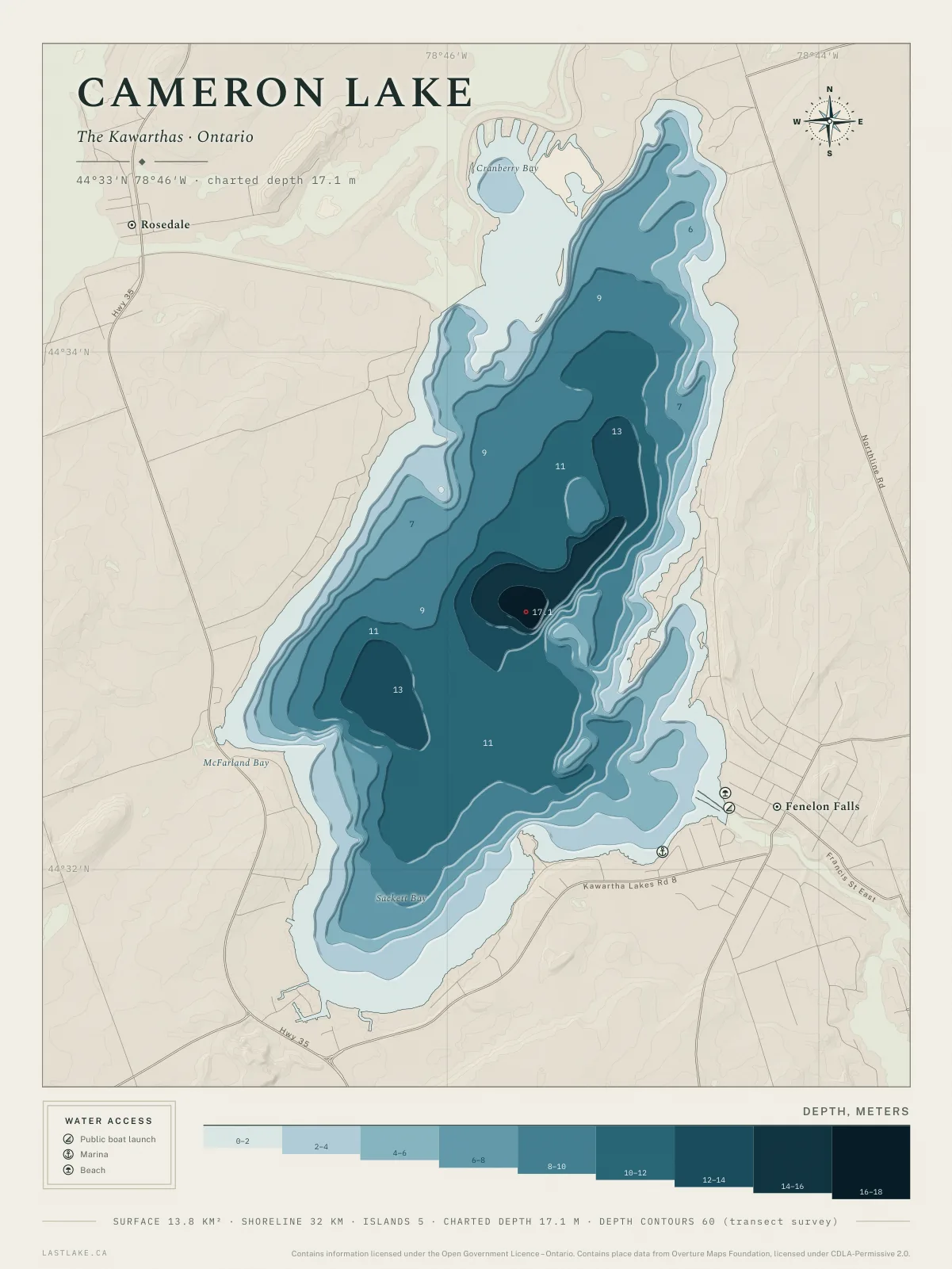 The Cameron Lake sheet: the whole lake drawn in depth bands, with islands, named places and water access marks.