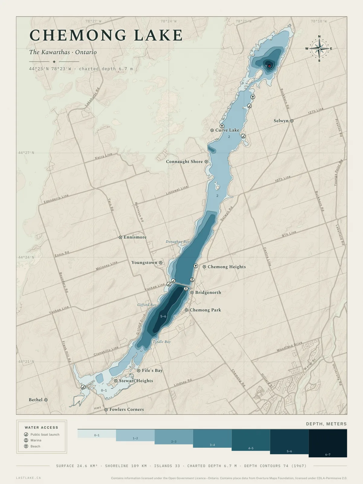 The Chemong Lake sheet: the whole lake drawn in depth bands, with islands, named places and water access marks.