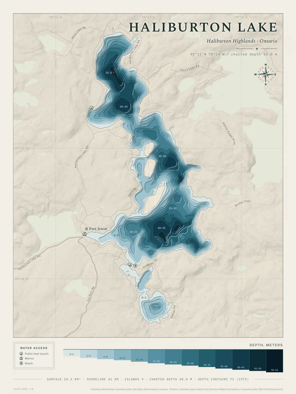 The Haliburton Lake sheet: the whole lake drawn in depth bands, with islands, named places and water access marks.