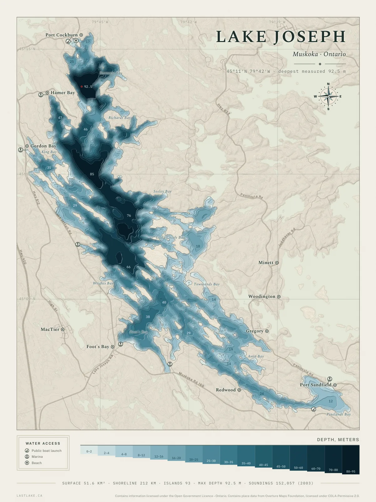 The Lake Joseph sheet: the whole lake drawn in depth bands, with islands, named places and water access marks.
