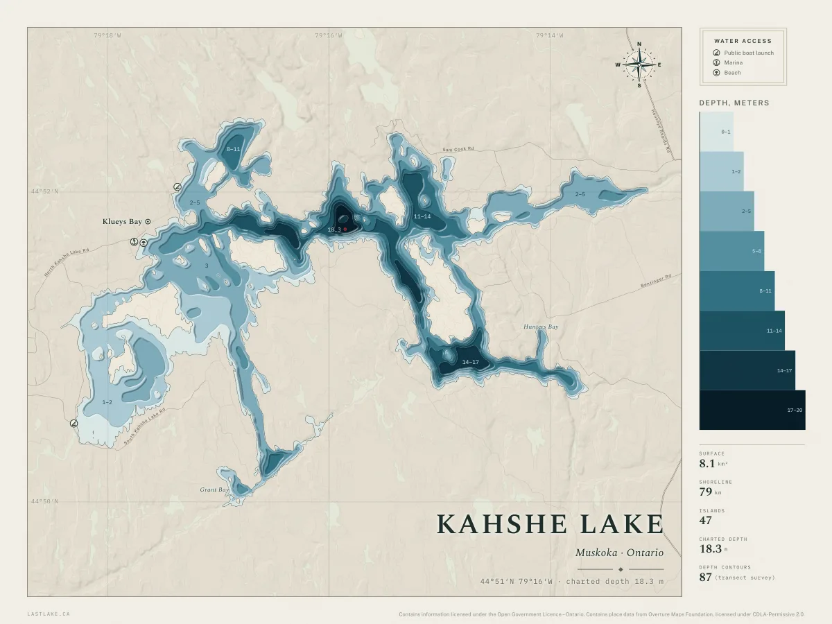 The Kahshe Lake sheet: the whole lake drawn in depth bands, with islands, named places and water access marks.