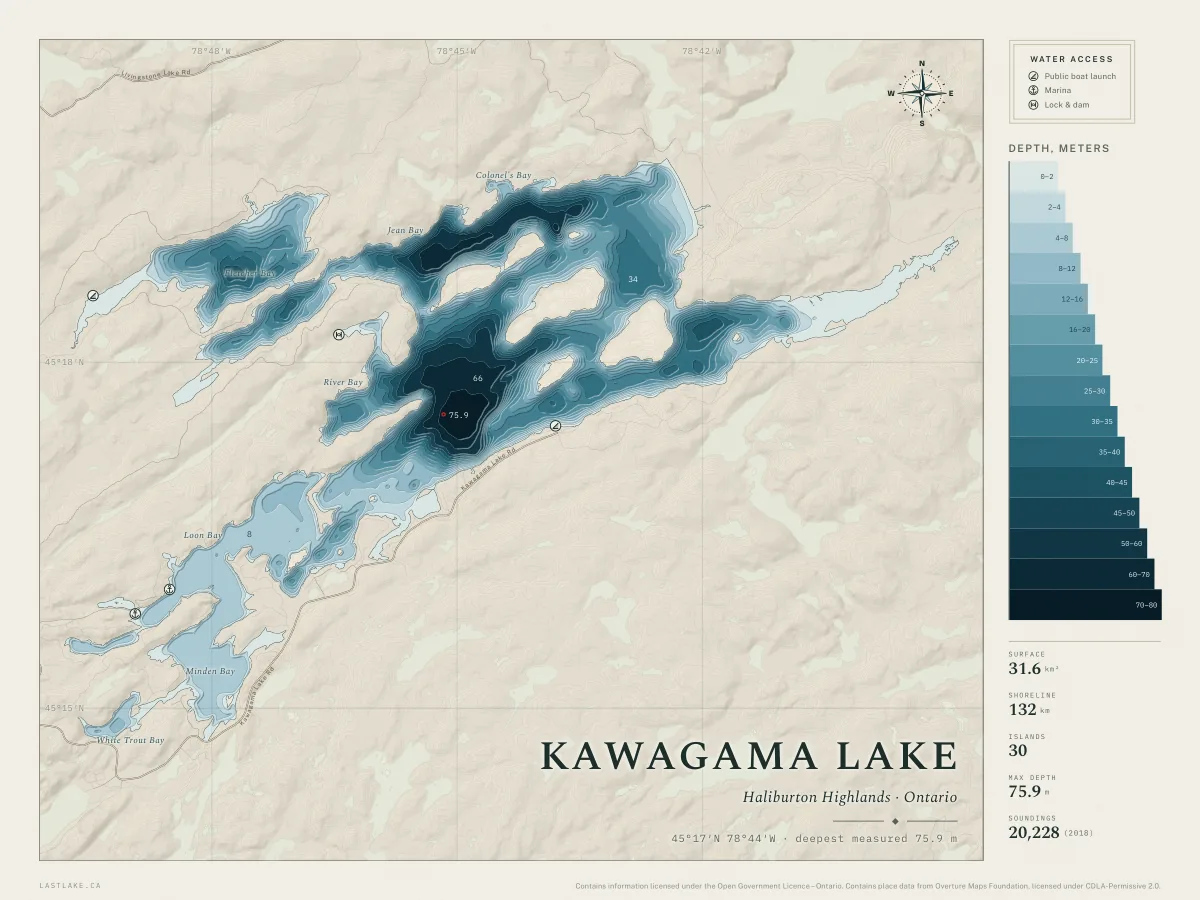 The Kawagama Lake sheet: the whole lake drawn in depth bands, with islands, named places and water access marks.
