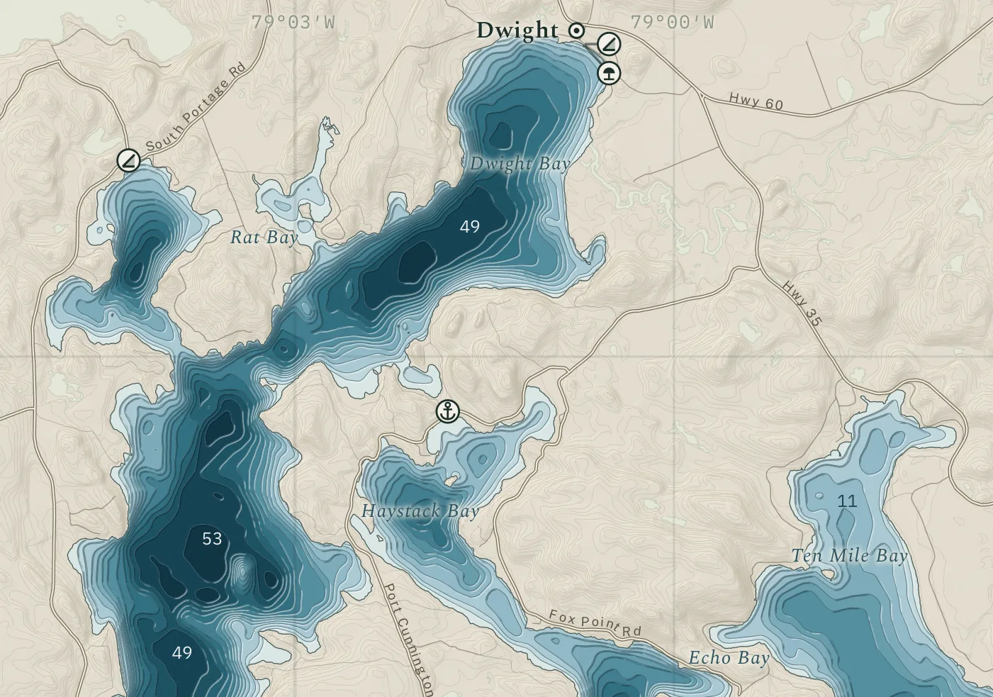 The access marks on Lake of Bays