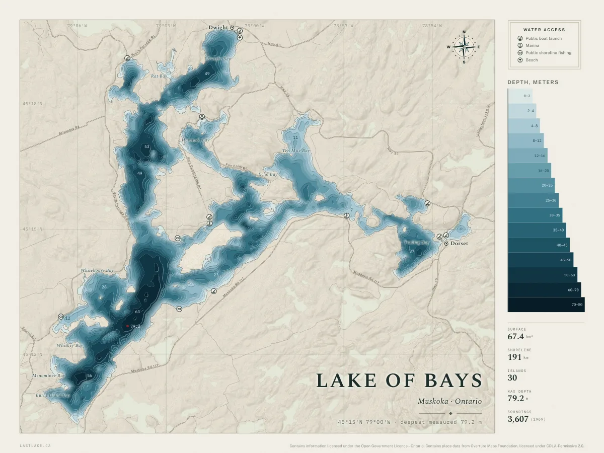 The Lake of Bays sheet: the whole lake drawn in depth bands, with islands, named places and water access marks.