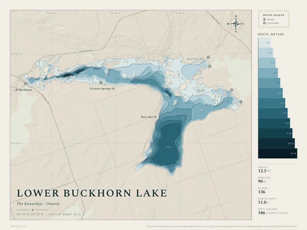 The Lower Buckhorn Lake sheet: the whole lake drawn in depth bands, with islands, named places and water access marks.