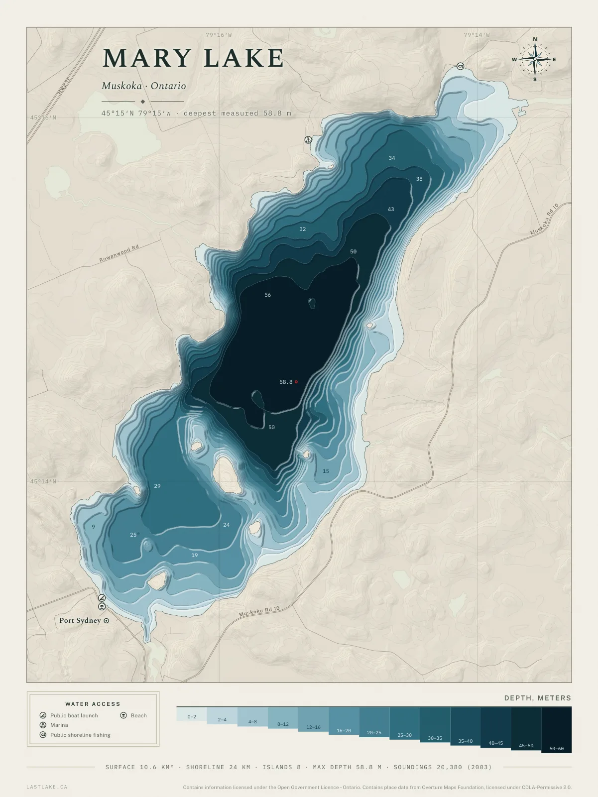 The Mary Lake sheet: the whole lake drawn in depth bands, with islands, named places and water access marks.