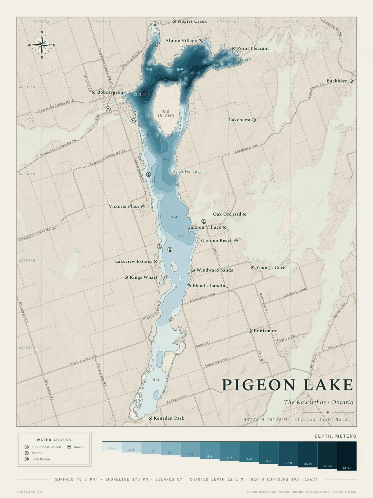 The Pigeon Lake sheet: the whole lake drawn in depth bands, with islands, named places and water access marks.