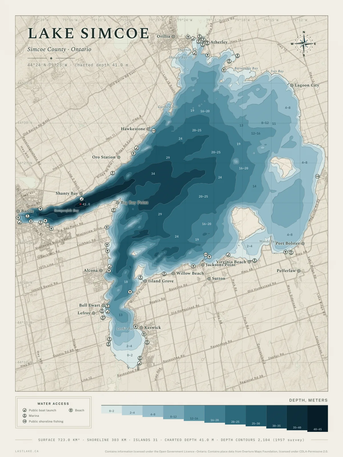 The Lake Simcoe sheet: the whole lake drawn in depth bands, with islands, named places and water access marks.