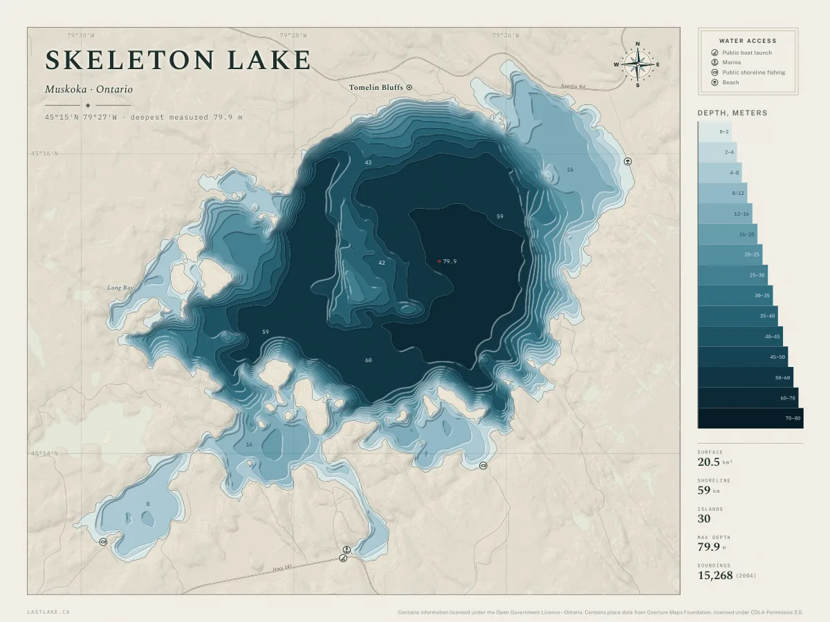 The Skeleton Lake sheet: the whole lake drawn in depth bands, with islands, named places and water access marks.