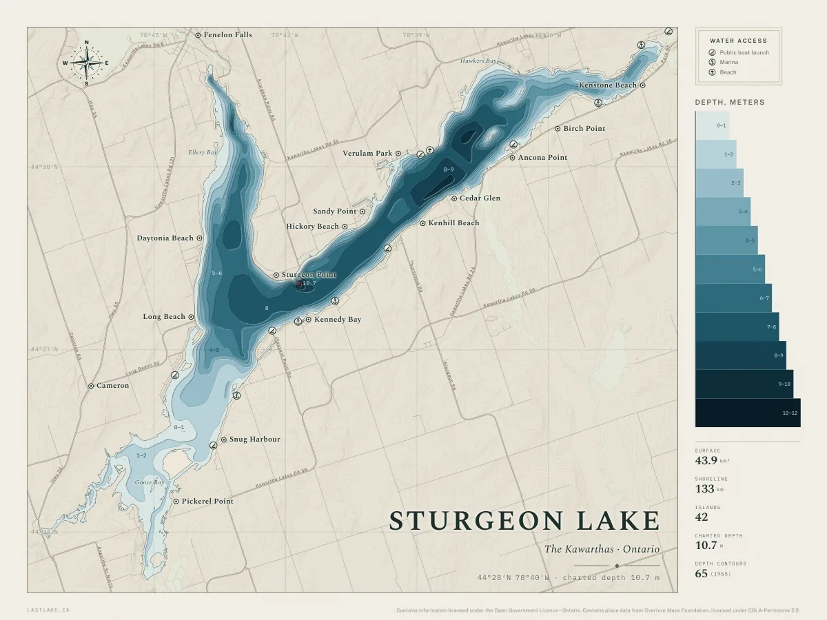 The Sturgeon Lake sheet: the whole lake drawn in depth bands, with islands, named places and water access marks.