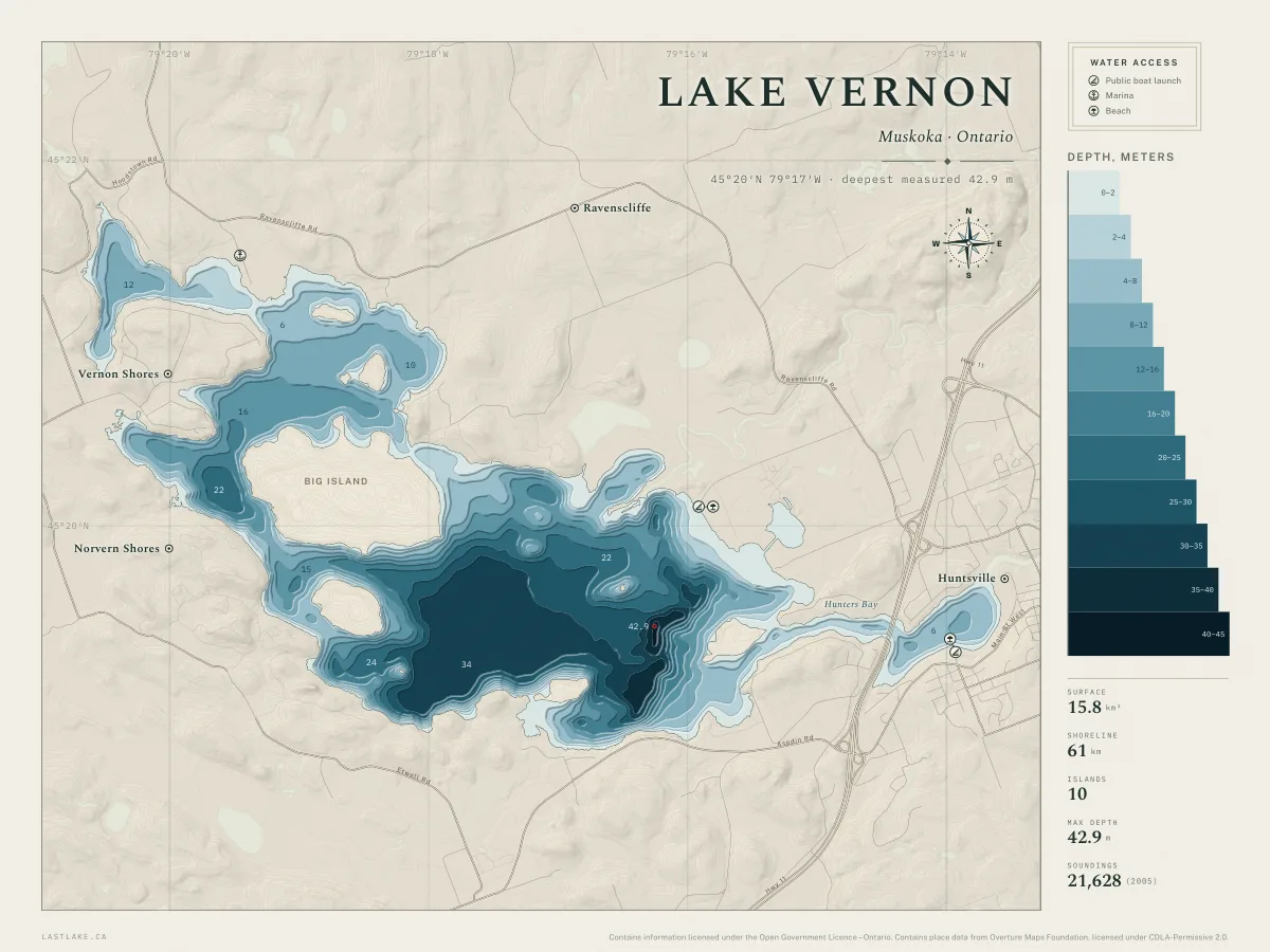 The Lake Vernon sheet: the whole lake drawn in depth bands, with islands, named places and water access marks.