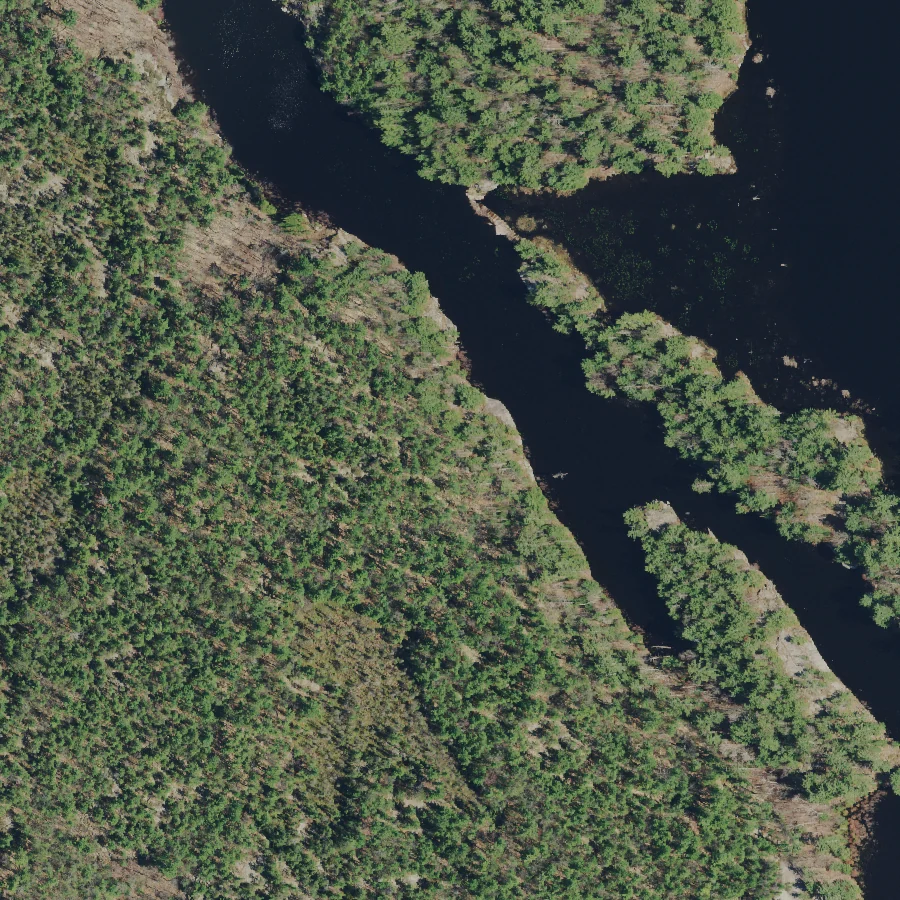 Provincial aerial photography of an undeveloped Georgian Bay shoreline in 2016: bare rock, forest and open channels, no buildings.