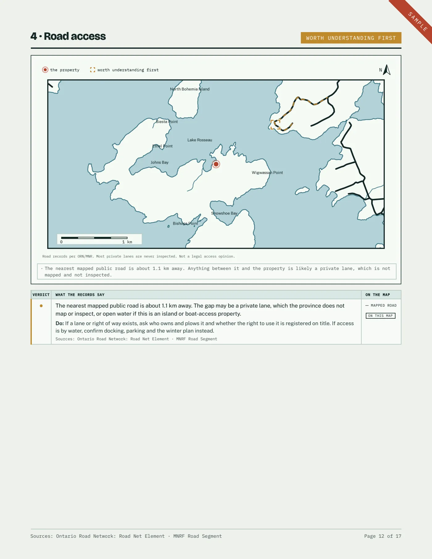 Road access: the nearest mapped public road, water crossings, recorded road obstacles and rail crossings, with the access map.