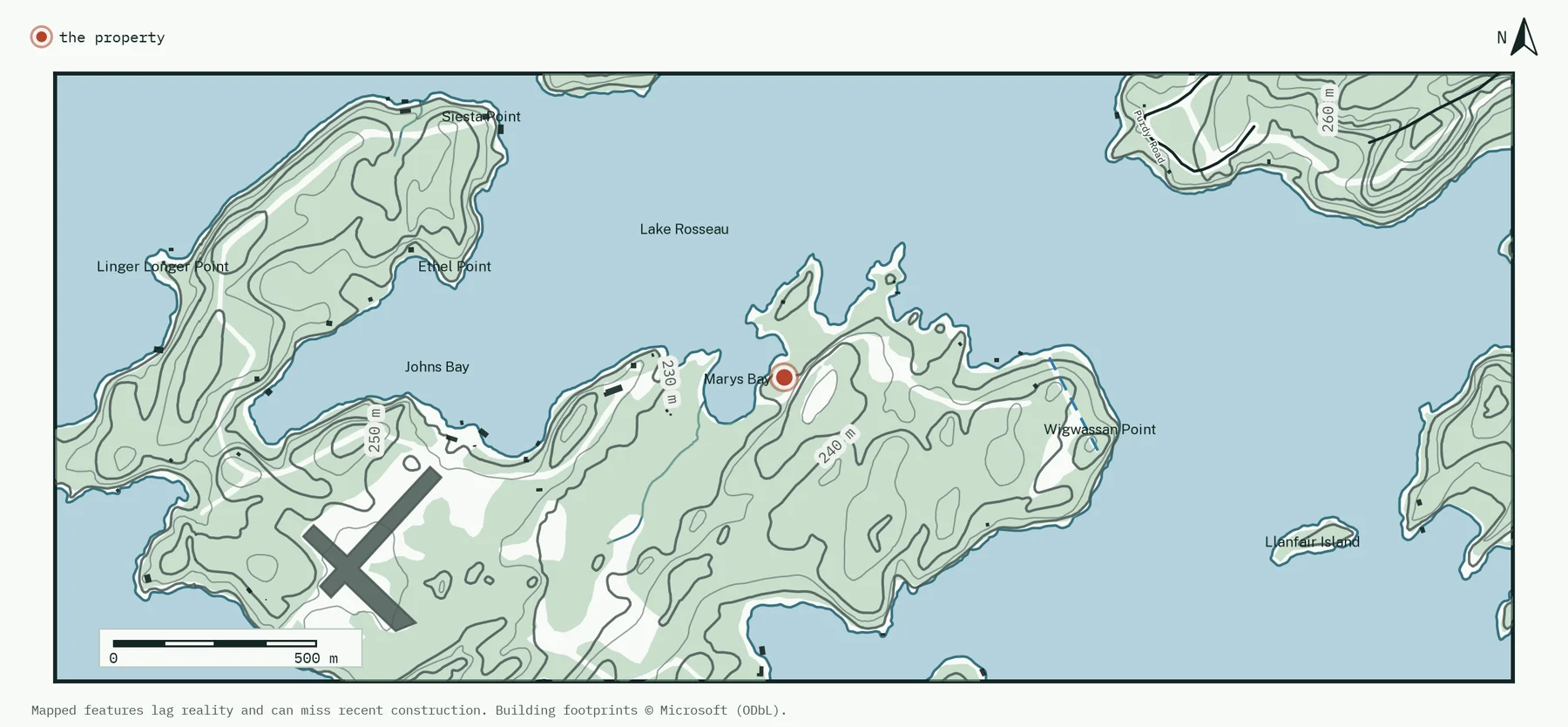 A map of a Lake Rosseau waterfront property: the point marked on Marys Bay, with contour lines, building footprints, an airstrip and the surrounding bays and points named.